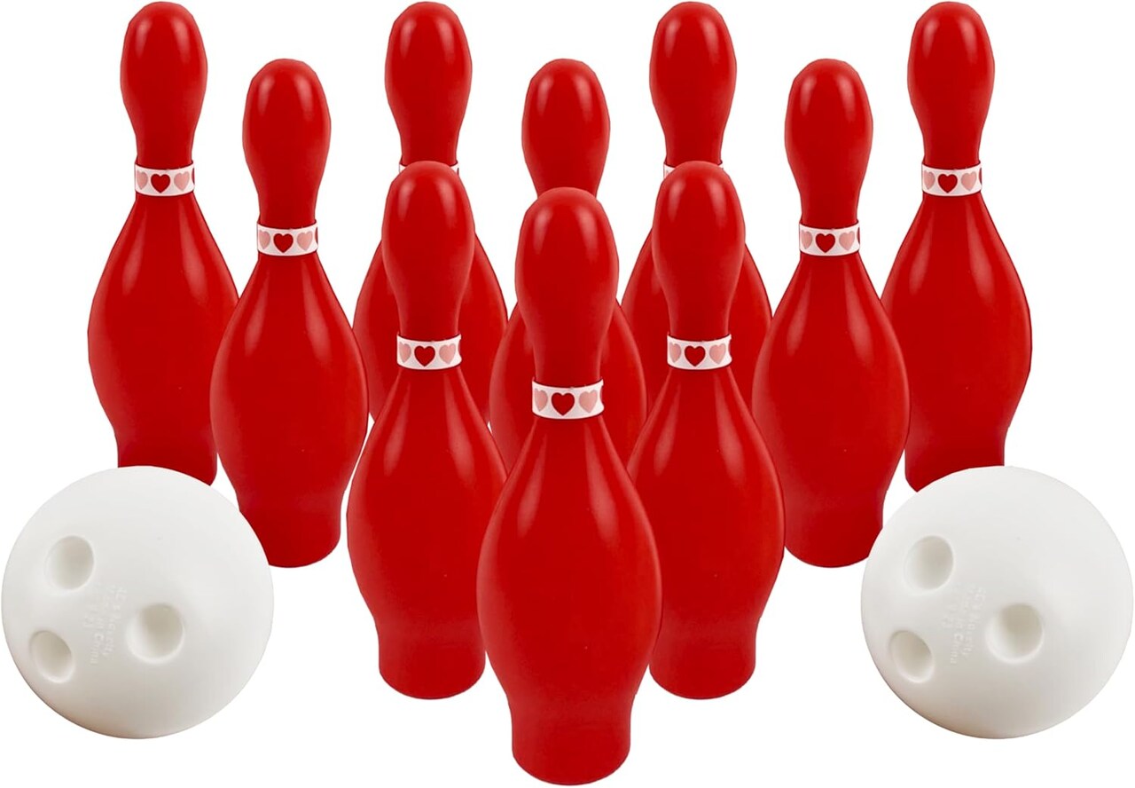 4E's Novelty Valentines Day Bowling Game Set – 10 Red Pins with White Hearts, 2 Balls, Indoor/Outdoor Party Game, Classroom & Galentines Activity for Kids & Adults